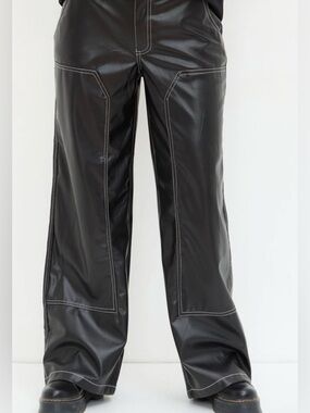 Black Leather Pants with Contrast Stitching